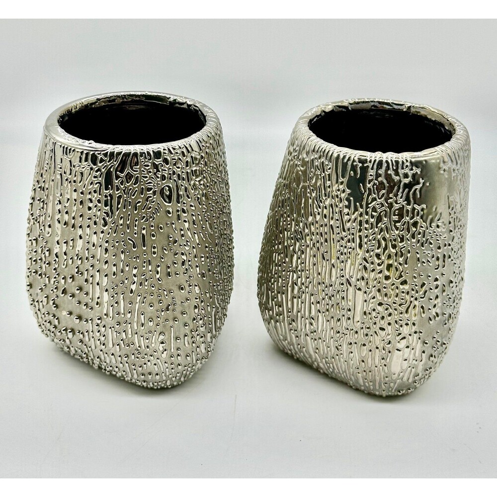 Set of 2 Silver Metallic Ceramic Pot Planter Vase